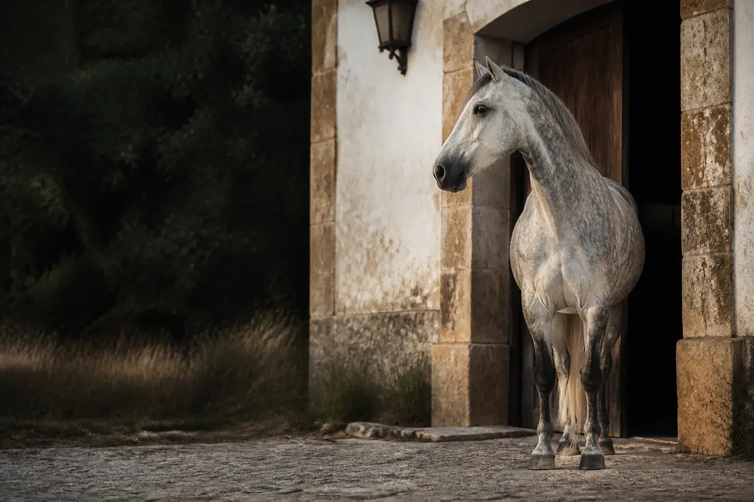 Cavalo numa boxe de uma coudelaria portuguesa